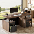 Executive Standing Desk with Drawers & Storage, 71'' Adjustable Electric Stand Up Wood Desk with Privacy Panel, AC/USB, File Cabinet, Large One-Piece Destop for Home Office, Black Walnut