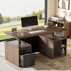Executive Standing Desk with Drawers & Storage, 71'' Adjustable Electric Stand Up Wood Desk with Privacy Panel, AC/USB, File Cabinet, Large One-Piece Destop for Home Office, Black Walnut