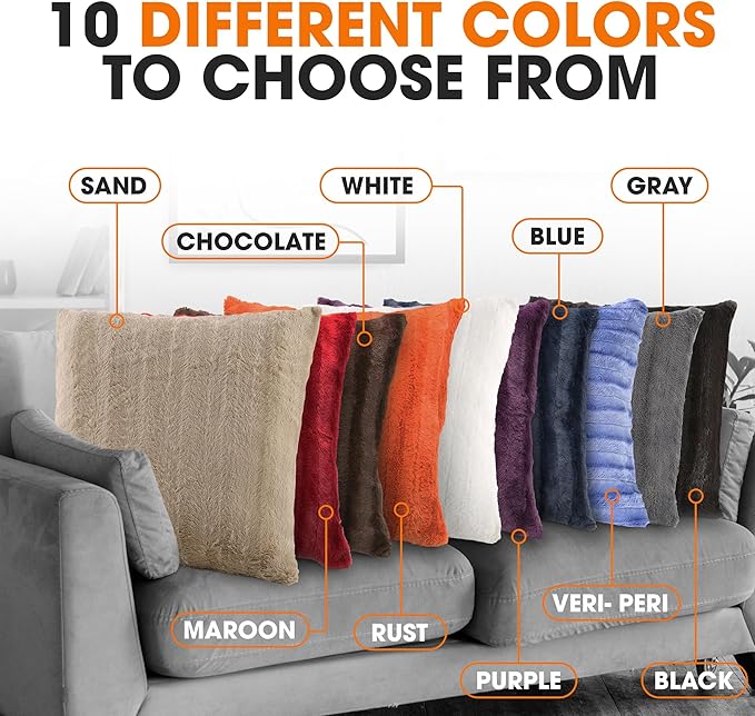 Cheer Collection Faux Fur Throw Pillows - Decorative Pillows for Couch, Bed Throw Pillows, Sand Accent Pillows for Bedroom or Living Room Aesthetic, Set of 2 Furry Throw Pillows, 16" x 16"