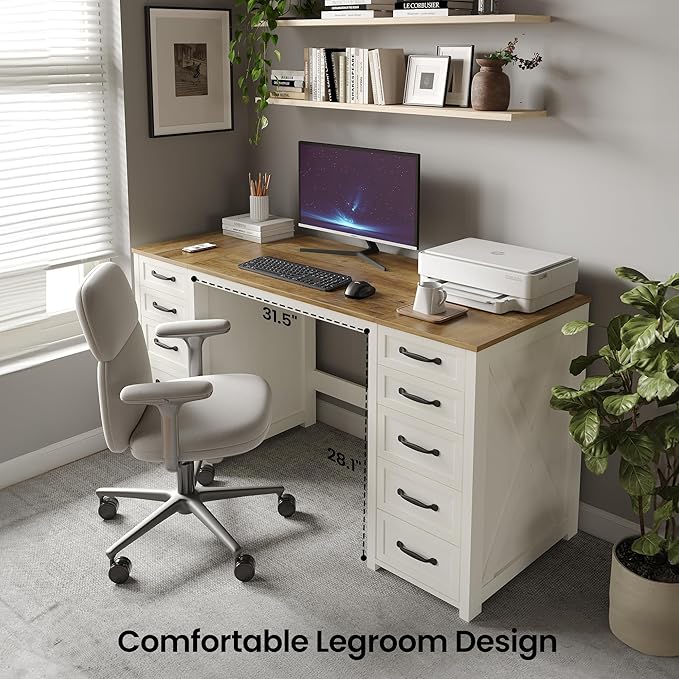 WOPITUES 60" Farmhouse Home Office Desk with 10 Wooden Drawers, Rustic Computer Writing Desk with Power Outlets, Large Executive Desk with Storage Cabinet for Work Study Writing, Rustic Brown & White