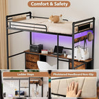 Loft Bed with Desk, Gaming Bunk Bed with Stairs, Twin Metal Loft Bed Heavy Duty Loft Beds for Adults, 6 Fabric Drawers, LED Lights & Charging Sation, No Noise & No Box Spring Needed, Black