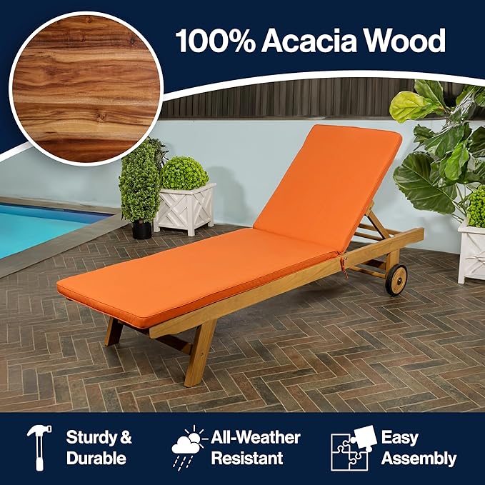 JONATHAN Y LNG1000C Mallorca 77.56"x23.62" Modern Classic Adjustable Acacia Wood Chaise Outdoor Lounge Chair with Cushion & Wheels Coastal, Bohemian, Minimalist, Traditional, Orange/Natural