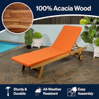 JONATHAN Y LNG1000C Mallorca 77.56"x23.62" Modern Classic Adjustable Acacia Wood Chaise Outdoor Lounge Chair with Cushion & Wheels Coastal, Bohemian, Minimalist, Traditional, Orange/Natural