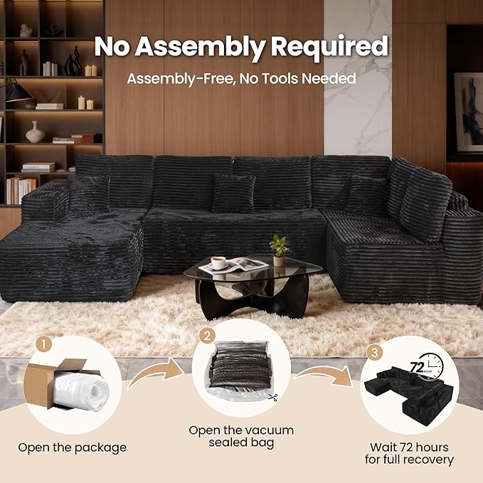 Cloud Sectional Couch with Chaise, Boneless U-Shaped Cloud Couch with Deep Seat, Soft Plush Modern Minimalist Sofa, Assembly Free Modular Floor Sofa for Office Living Room Apartment, Black