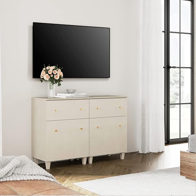 WAMPAT Storage Cabinets with Drawers and Doors, 2-in-1 Living Room Beige Wood Side Cabinets Floor Storage Organizer with Adjustable Shelf for Dining Room, Kitchen, Entryway, Hallway, 47.2x15.3x32.4