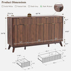 OKD Fluted Storage Cabinet with Drawers, 60" Morden Buffet Sideboard Coffee Bar Cabinet with 4 Doors and 3 Drawers for Dining Room, Living Room,Hallway (Dark Walnut)