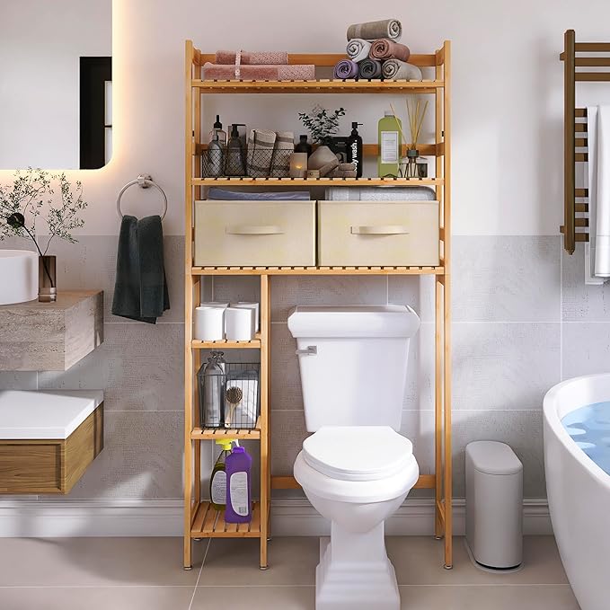 SMIBUY Over The Toilet Storage, Bamboo 6-Tier Bathroom Storage Shelf with Drawers, Freestanding Above Toilet Organizer Rack, Mass-Storage, Space Saver for Small Room (Natural)
