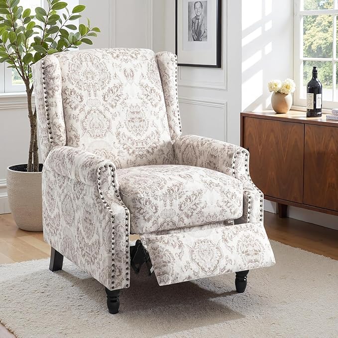 Wingback Recliner Chair Set of 2, Floral Fabric Pushback Recliner Chair, Upholstered Armchair Push Back Recliner, Rivet Trim Single Sofa Accent Chair with Wood Legs for Living Room, Beige