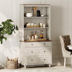 WAMPAT 3 Tier Bookshelf with 3 Drawers, 72" Tall Bookcase Large Farmhouse Display Book Case Shelf with 3-Tier Open Book Shelfs，Library Wood Bookshelves for Living Room,Kitchen, Rustic White