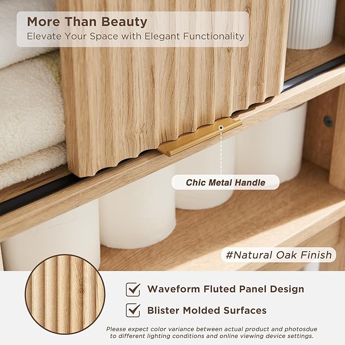 RedLemon Over The Toilet Storage Cabinet with Fluted Sliding Door, 68" Tall Wood Space Saver w/Faux Marble Top & Adjustable Shelf, Curved Profile Rack Organizer for Bathroom, Natural Oak Color