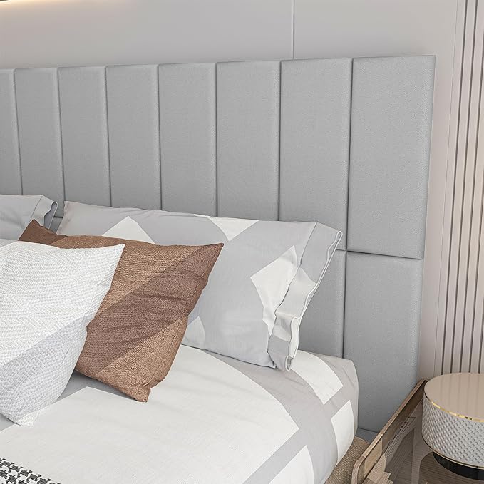 Art3d Peel and Stick Headboard for Full King and Queen in Velvet Stone, Pack of 12 Panels Sized 9.84" x 23.62", 3D Soundproof Wall Panels, Upholstered Wall Panel
