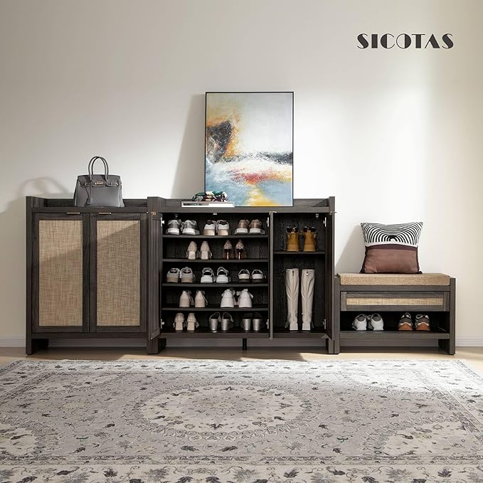 SICOTAS Shoe Storage Cabinet Set of 2, Large Tall Shoe Cabinet, Rattan Shoe Cabinet Storage for Entryway, Farmhouse Cabinet with Doors and Adjustable Shelves for Entryway Hallway, Black Oak