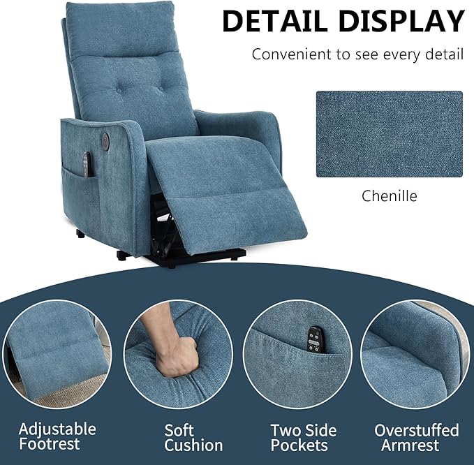 PELUMY Manual Lift Recliner Chair with Massage and Heat for Elderly, Single Motor Electric Lift Chair, Heavy Duty Recliner with USB Charging & Side Pockets (Chenille, Blue)