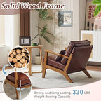 VINGLI Solid Wood Wide Armrests Accent Chair,Upholstered Mid Century Modern Chair with Pillow,Comfy Reading Chair Farmhouse Arm Chair,Chairs Living Room,Bedroom,Guest Room,PU Leather,Dark Brown