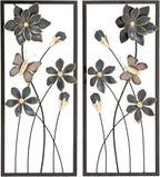 Deco 79 Metal Floral Home Wall Decor Wall Sculpture with Black Frames and Butterfly Accents, Set of 2 Wall Art 12"W, 28"H, Teal