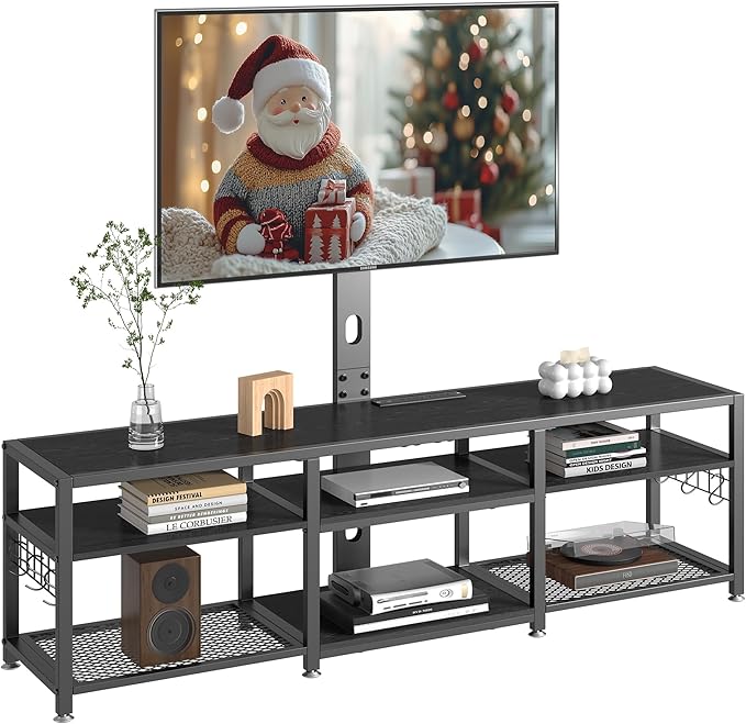 VECELO 71" TV Stand with Mount and Power Outlets, Entertainment Center with Open Storage Shelves, Height Adjustable Mount up to 80”, Wooden Table and Metal Frame for Living Room, Modern Black