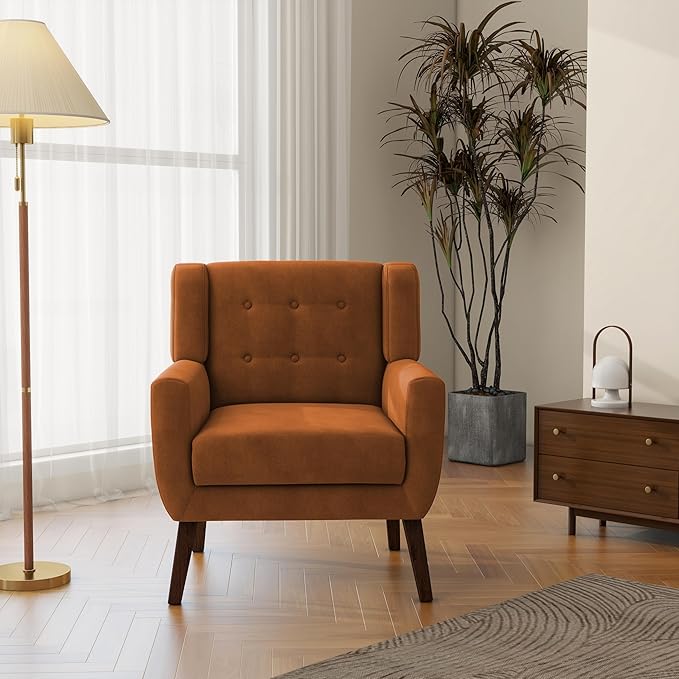 Accent Chair, Modern Velvet Arm Chair for Living Room, Bedroom, Comfy High-Resilient Sponge Reading Chair for Small Spaces-Velvet Orange, Set of 1