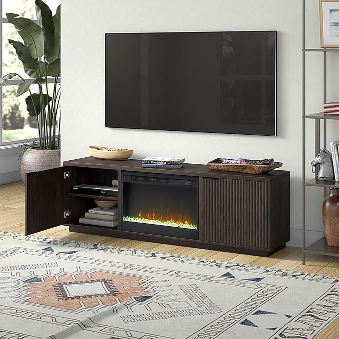 Henn&Hart Rectangular TV Stand with 26" Crystal Fireplace for TV's up to 78" in Alder Brown, for Home, Living Room, Bedroom, Entertainment Room, Office