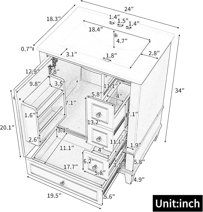 24 Inch Bathroom Vanity with Sink, Freestanding Bathroom Sink Cabinet with 3 Drawers and Storage Door Rack Organizer, Solid Wood Legs, White