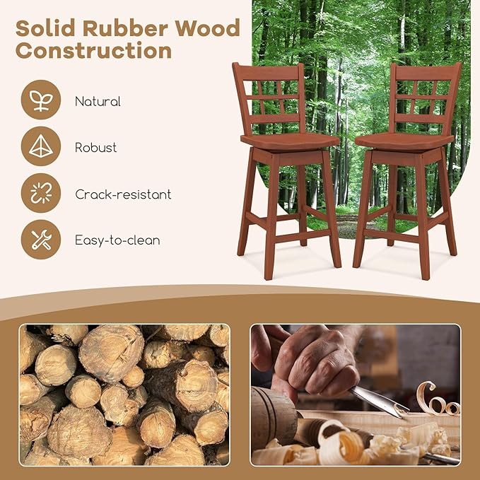 COSTWAY Swivel Bar Stools Set of 4, 24.5 Inch Counter Height Bar Chairs w/Hollow Backrest & Contoured Seat, Wooden Barstools w/Footrest for Kitchen Island, Pub, Bistro, Cafe (4, Walnut)