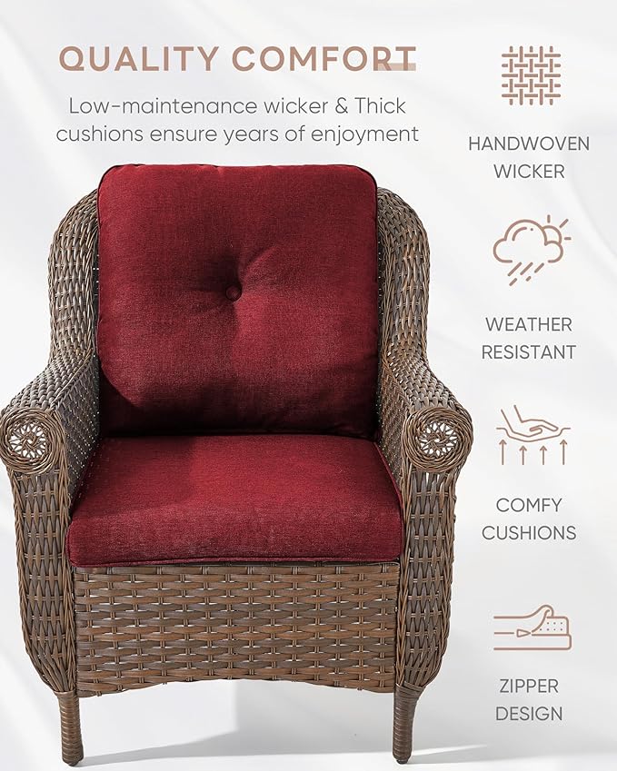 3 Piece Patio Brown Wicker Chairs with Side Table - Outdoor High Back Heavy Duty All-Weather Lawn Dining Rattan Chair Conversation Bistro Set for Deck Porch Balcony Backyard Garden - Red