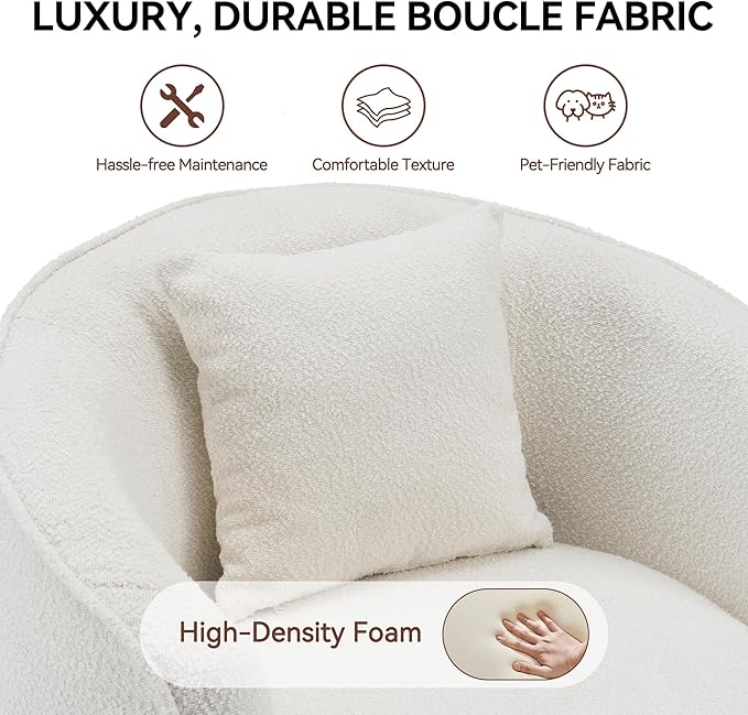 Swivel Accent Chair, Modern Upholstered Boucle Barrel Arm Chairs with Pillow for Living Room, 360 Degree Round Swivel Sherpa Armchair with Round Base for Bedroom Club (1, Cream)