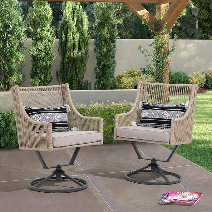 JOIVI Swivel Patio Chairs Set of 2, Outdoor Rattan Dining Chairs with Breathable Cushions, Outdoor Swivel Rattan Chair with Iron Frame for Lawn, Garden, Porch, Backyard, Beige