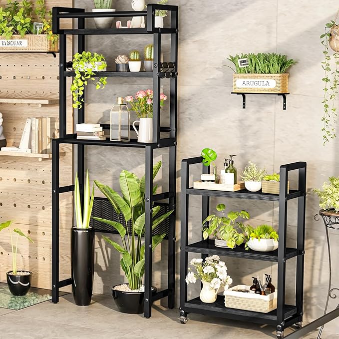 Recaceik 6-Tier Over The Toilet Storage Shelf with Cart, Freestanding Above Toilet Shelf Rack, Farmhouse Bathroom Organizer Shelves, Space Saver (Black)