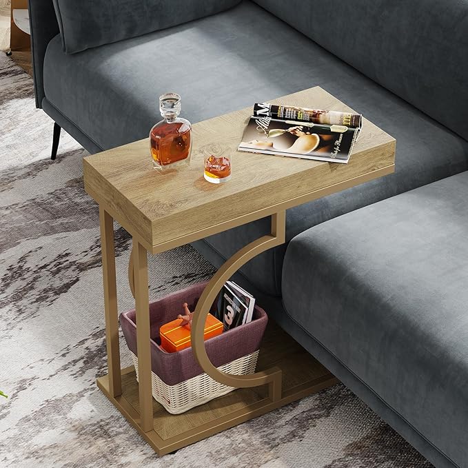 Tribesigns Narrow Side Table C Shaped End Table Modern Bedside Tables for Couch, Small Sofa Chairside Tables with Metal Frame for Living Room (2, Natural+Wood Tones)