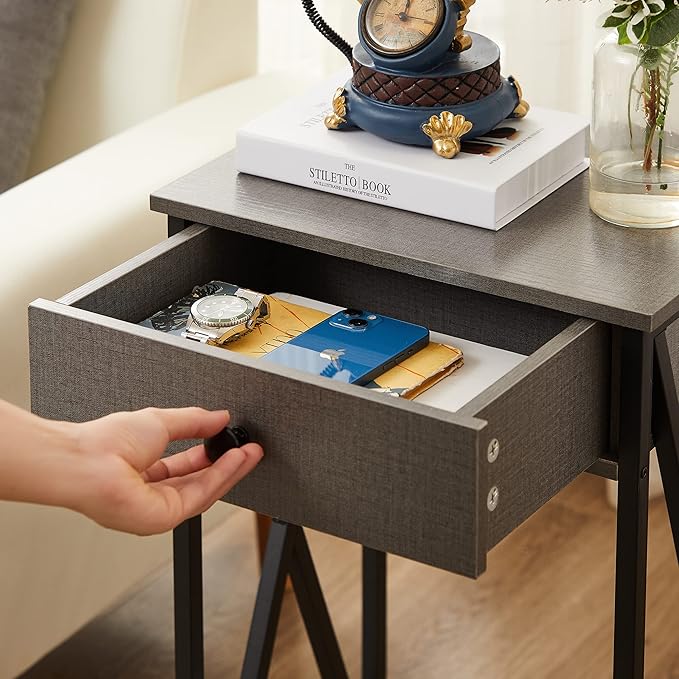 VECELO Tall Nightstand Set of 2,27.6 inch Wooden End Table with Metal X-Frame,Side Table with Drawer and Storage Shelf for Living Room Bedroom Entryway Small Spaces