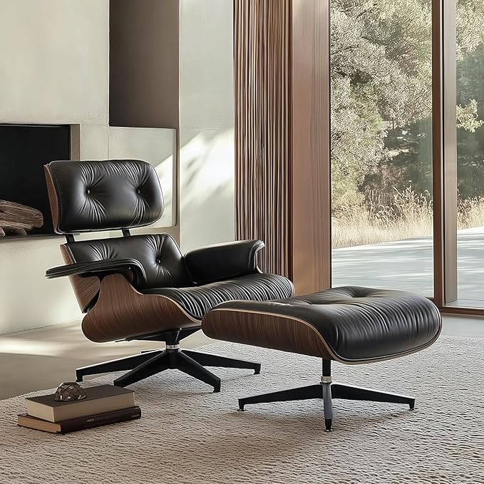 Top Black Grain Leather, Mid Century Chaise Lounge Chair and Ottoman, Modern Chair Classic Design, Walnut Wood, Heavy Duty Base Support for Living Room Office