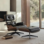 Top Black Grain Leather, Mid Century Chaise Lounge Chair and Ottoman, Modern Chair Classic Design, Walnut Wood, Heavy Duty Base Support for Living Room Office