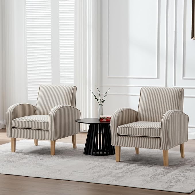 Striped Accent Chair for Living Room, Farmhouse Linen Upholstered Striped Arm Chair Seat Reading Chairs Bedroom Side Seating for Home Office, Beige with Stripe