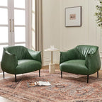 KINWELL 33" W Faux Leather Barrel Chairs Set of 2 with Hand-Tufted Pleated Back Flared Arms, Modern PU Upholstered Accent Chairs with Metal Legs, Large Armchairs Lounge Chairs for Living Room, Green