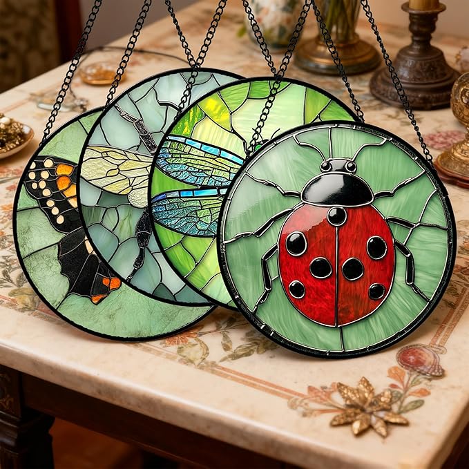 Stained Glass Window Hanging 4 Pcs Set Butterfly Dragonfly Bee Ladybug Large 11.8" - Suncatcher Door Garden Sun Catcher Decor Birthday Mother's Day for Mom Woman Nana Men