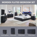 Fluted Night Stand with Charging Station, 21.65" Black Nightstand with 3 Drawer, 3 Drawer Dresser for Bedroom, Morden End Table Chests of Drawers Bedside Table for Bedroom, Living Room,Black