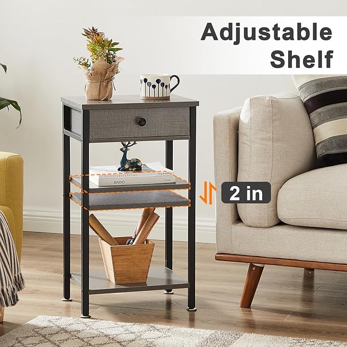 VECELO Tall End Side Table,Nightstand with Adjustable Shelf and Bin Drawer for Living Room/Bedroom/Entryway Small Spaces