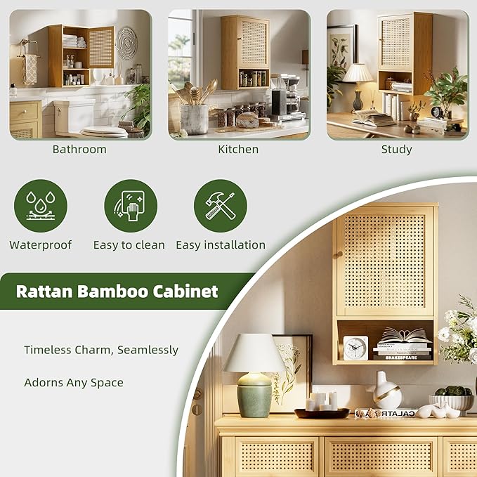 Bathroom Wall Cabinet, Bamboo Over-The-Toilet Storage Organizer with Rattan Doors and Adjustable Shelf, Space Saver Medicine Cabinet for Laundry, Kitchen, Living Room (Natural)