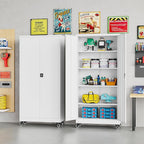 SISESOL 75" Tall Metal Storage Cabinet with Wheels,Rolling Garage Storage Cabinet with Lock,White Metal Cabinets with Wheels and Shelves,Tool Cabinets on Roller for Garage,Home,Office,Shop