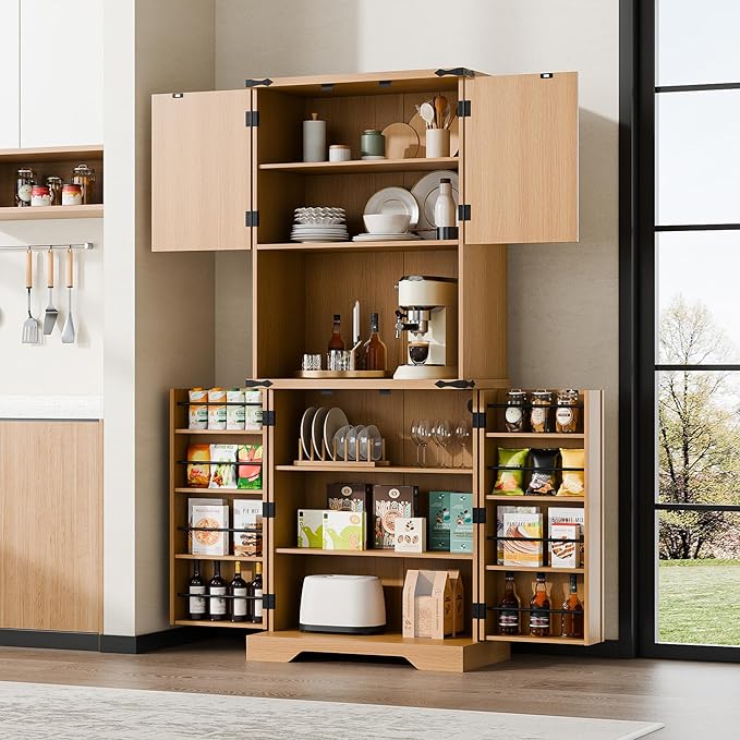 Cozy Castle 74" Farmhouse Pantry Cabinet with Charging Station, Tall Kitchen Storage Hutch Cabinet Coffee Bar Workstation, Sideboard Buffet Cupboard for Dining Room Living Room Furniture, Oak