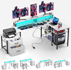 YOUNGAR Office Desk L Shape with File Drawers&Power Outlet, 69.3 Inch Reversible L Shaped Computer Desks,Corner L Shape or Long Desk Set up, Monitor Stand &Storage Shelves,LED Lights&CPU Stand,White