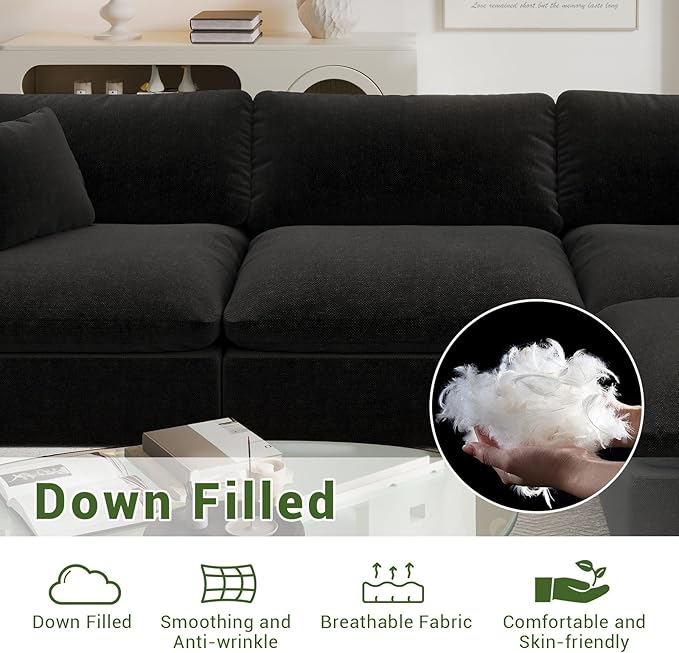Cloud Modular Sectional Sofa,143" Down Filled Sofa 4 Seat with Chaise,Minimalist Sofa Cover Washable and Replaceable Couches for Living Room,Sectional Sofa Deep Seat Black