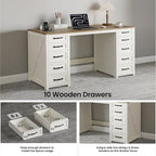 WOPITUES 60" Farmhouse Home Office Desk with 10 Wooden Drawers, Rustic Computer Writing Desk with Power Outlets, Large Executive Desk with Storage Cabinet for Work Study Writing, Rustic Brown & White