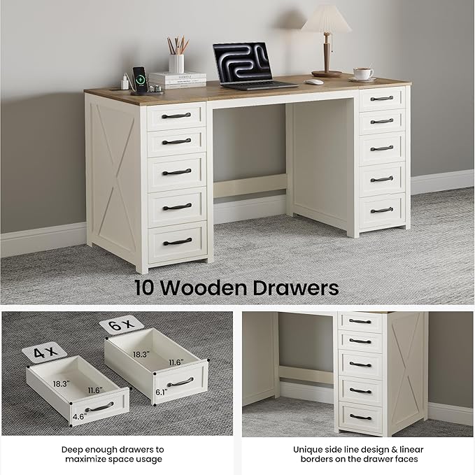 WOPITUES 60" Farmhouse Home Office Desk with 10 Wooden Drawers, Rustic Computer Writing Desk with Power Outlets, Large Executive Desk with Storage Cabinet for Work Study Writing, Rustic Brown & White
