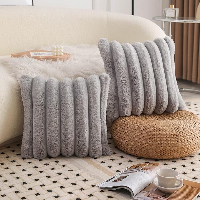 Neelvin Grey Faux Fur Cozy Soft Striped Decorative Throw Pillow Covers 20x20 inch Set of 2,Velvet Pillowcase Cushion Case for Sofa Couch