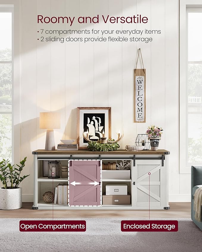 VASAGLE TV Stand for TVs up to 65 Inches, Farmhouse Entertainment Center with Sliding Barn Doors, TV Console Table for Living Room, Rustic White and Honey Brown ULTV324W73