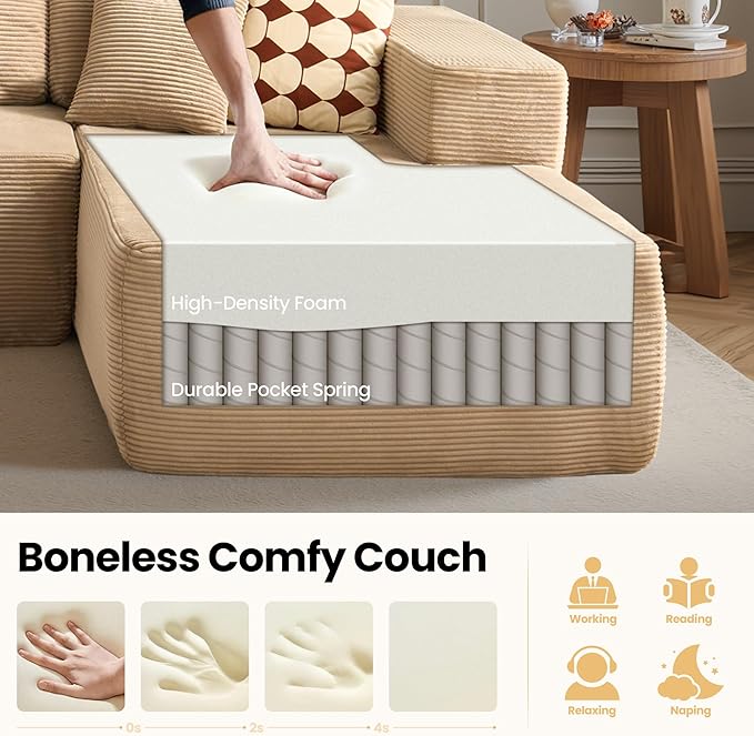104" Cloud Sectional Couch with Chaise, Boneless L-Shaped Cloud Couch with Deep Seat, Corduroy Modern Minimalist Sofa, Assembly Free Comfy Sofa for Office Living Room Apartment(Camel, Right Chaise)