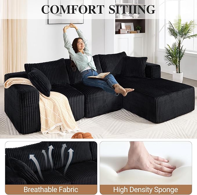 102" Modular Sectional Sofa, L-Shape Cloud Sectional Couch with Deep Seat, 3 Seat Memory Foam Comfy Boneless Couches for Living Room Bedroom, No Assembly Required, Black