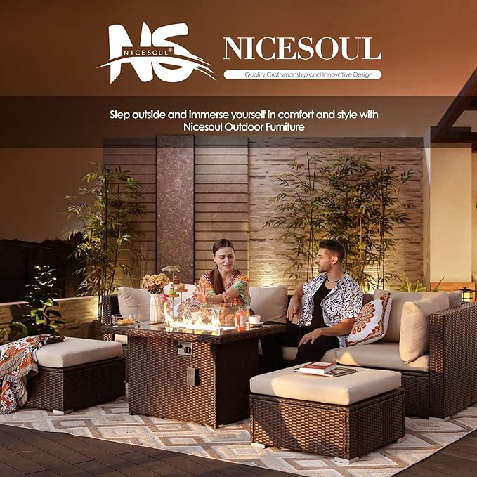 NICESOUL 29.3'' High Back Outdoor Patio Sectional Furniture with Firepit Table Natural Gas & Propane Convertible, 8 Seater Deep Wide Modern Couch, Extra Large Wicker Conversations for Backyard, Brown