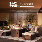 NICESOUL 29.3'' High Back Outdoor Patio Sectional Furniture with Firepit Table Natural Gas & Propane Convertible, 8 Seater Deep Wide Modern Couch, Extra Large Wicker Conversations for Backyard, Brown